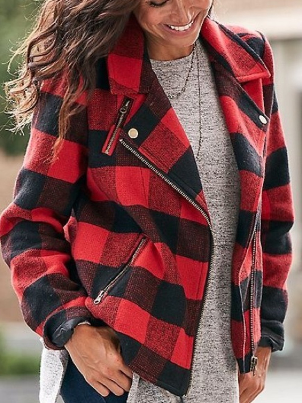 Jack by BB Dakota Red and Black Plaid Moto-Style Jacket